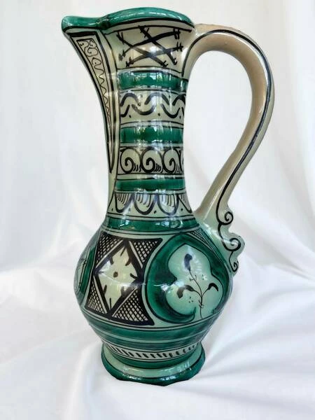 Large Vintage Earthenware Siglo XIII Paterna Jug Pitcher With Green Black Geometric Motif