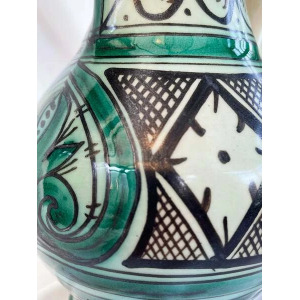 Large Vintage Earthenware Siglo XIII Paterna Jug Pitcher With Green Black Geometric Motif