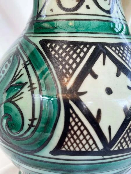 Large Vintage Earthenware Siglo XIII Paterna Jug Pitcher With Green Black Geometric Motif