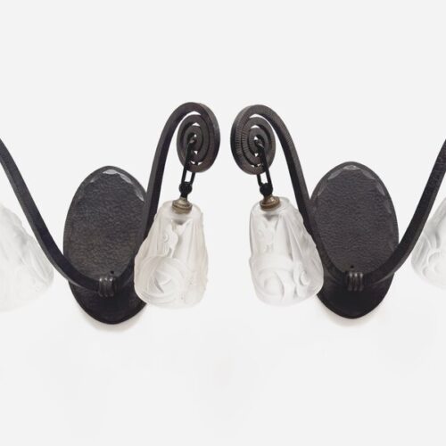 Maison Degué – French Pair Wrought Iron Smoked Tulip Glass Sconce Wall Lights 20th Century
