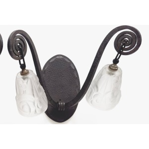 Maison Degué – French Pair Wrought Iron Smoked Tulip Glass Sconce Wall Lights 20th Century