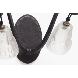 Maison Degué – French Pair Wrought Iron Smoked Tulip Glass Sconce Wall Lights 20th Century