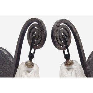 Maison Degué – French Pair Wrought Iron Smoked Tulip Glass Sconce Wall Lights 20th Century