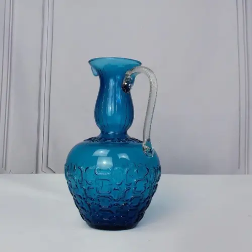 Mid Century 1950 Positano Blue Glass Decanter Bottle, Made In Toscana, Italian Glass, Blue Textured Glass With Twisted Glass Handle