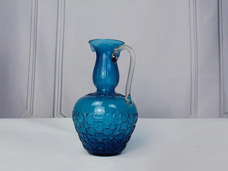 Mid Century 1950 Positano Blue Glass Decanter Bottle, Made In Toscana, Italian Glass, Blue Textured Glass With Twisted Glass Handle