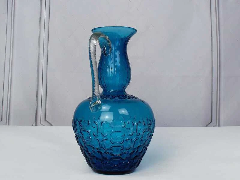 Mid Century 1950 Positano Blue Glass Decanter Bottle, Made In Toscana, Italian Glass, Blue Textured Glass With Twisted Glass Handle