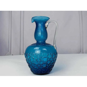 Mid Century 1950 Positano Blue Glass Decanter Bottle, Made In Toscana, Italian Glass, Blue Textured Glass With Twisted Glass Handle