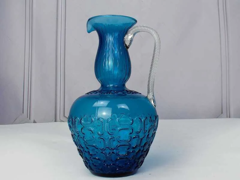 Mid Century 1950 Positano Blue Glass Decanter Bottle, Made In Toscana, Italian Glass, Blue Textured Glass With Twisted Glass Handle