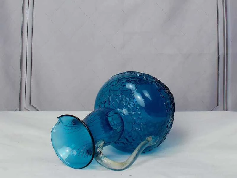 Mid Century 1950 Positano Blue Glass Decanter Bottle, Made In Toscana, Italian Glass, Blue Textured Glass With Twisted Glass Handle