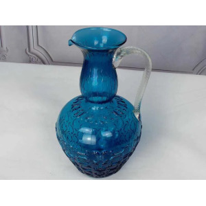 Mid Century 1950 Positano Blue Glass Decanter Bottle, Made In Toscana, Italian Glass, Blue Textured Glass With Twisted Glass Handle