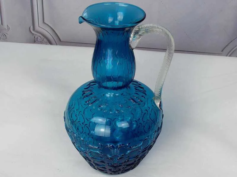 Mid Century 1950 Positano Blue Glass Decanter Bottle, Made In Toscana, Italian Glass, Blue Textured Glass With Twisted Glass Handle