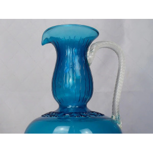 Mid Century 1950 Positano Blue Glass Decanter Bottle, Made In Toscana, Italian Glass, Blue Textured Glass With Twisted Glass Handle