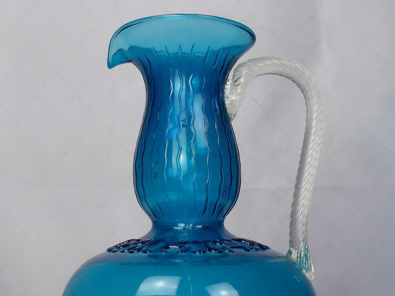 Mid Century 1950 Positano Blue Glass Decanter Bottle, Made In Toscana, Italian Glass, Blue Textured Glass With Twisted Glass Handle