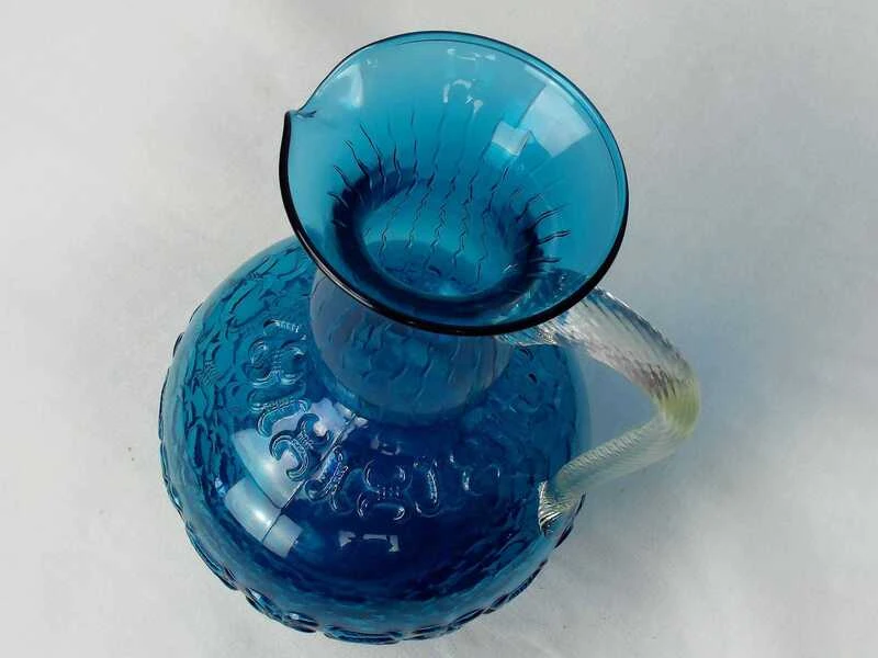 Mid Century 1950 Positano Blue Glass Decanter Bottle, Made In Toscana, Italian Glass, Blue Textured Glass With Twisted Glass Handle