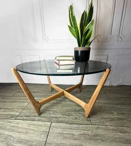 Mid Century Glass Top & Wooden "Spider" Base Coffee Table, Vintage Table, 1970's Glass Top Coffee Table.