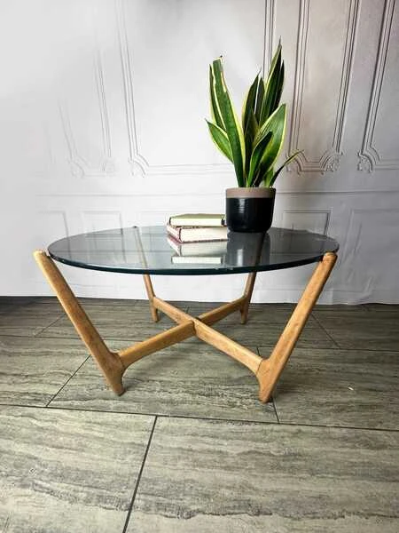 Mid Century Glass Top & Wooden "Spider" Base Coffee Table, Vintage Table, 1970's Glass Top Coffee Table.