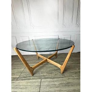 Mid Century Glass Top & Wooden "Spider" Base Coffee Table, Vintage Table, 1970's Glass Top Coffee Table.