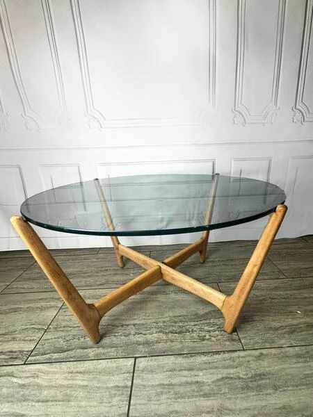 Mid Century Glass Top & Wooden "Spider" Base Coffee Table, Vintage Table, 1970's Glass Top Coffee Table.