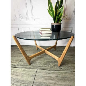 Mid Century Glass Top & Wooden "Spider" Base Coffee Table, Vintage Table, 1970's Glass Top Coffee Table.