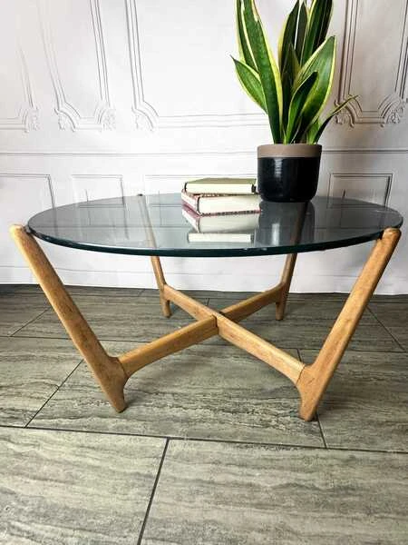 Mid Century Glass Top & Wooden "Spider" Base Coffee Table, Vintage Table, 1970's Glass Top Coffee Table.