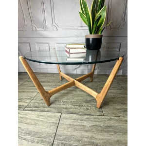 Mid Century Glass Top & Wooden "Spider" Base Coffee Table, Vintage Table, 1970's Glass Top Coffee Table.