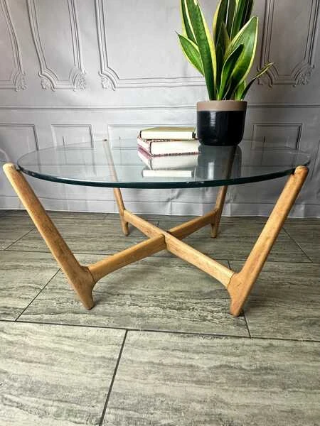 Mid Century Glass Top & Wooden "Spider" Base Coffee Table, Vintage Table, 1970's Glass Top Coffee Table.