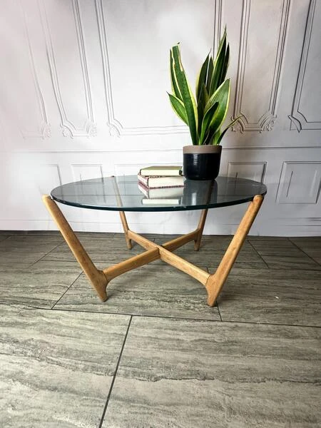 Mid Century Glass Top & Wooden "Spider" Base Coffee Table, Vintage Table, 1970's Glass Top Coffee Table.