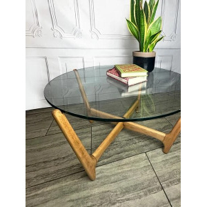 Mid Century Glass Top & Wooden "Spider" Base Coffee Table, Vintage Table, 1970's Glass Top Coffee Table.
