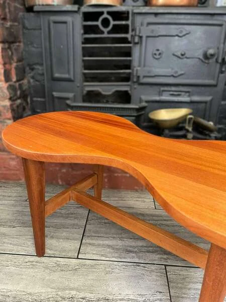 Mid Century Solid Teak Wood Guitar Coffee Table Circa 1960
