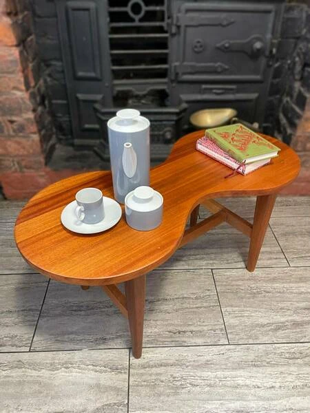 Mid Century Solid Teak Wood Guitar Coffee Table Circa 1960