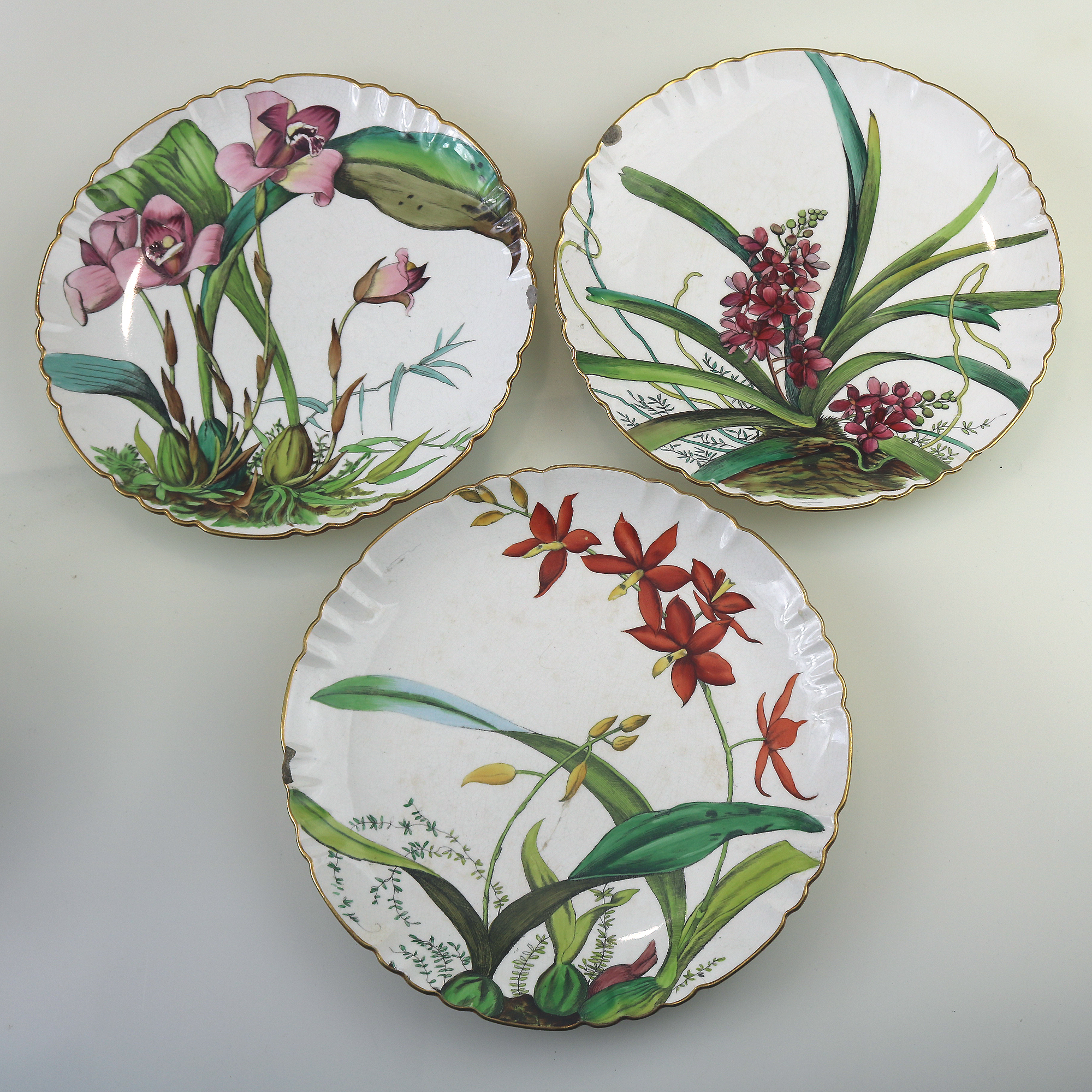 A pretty set 3X antique Victorian Minton hand-painted pottery Plates C.19thC