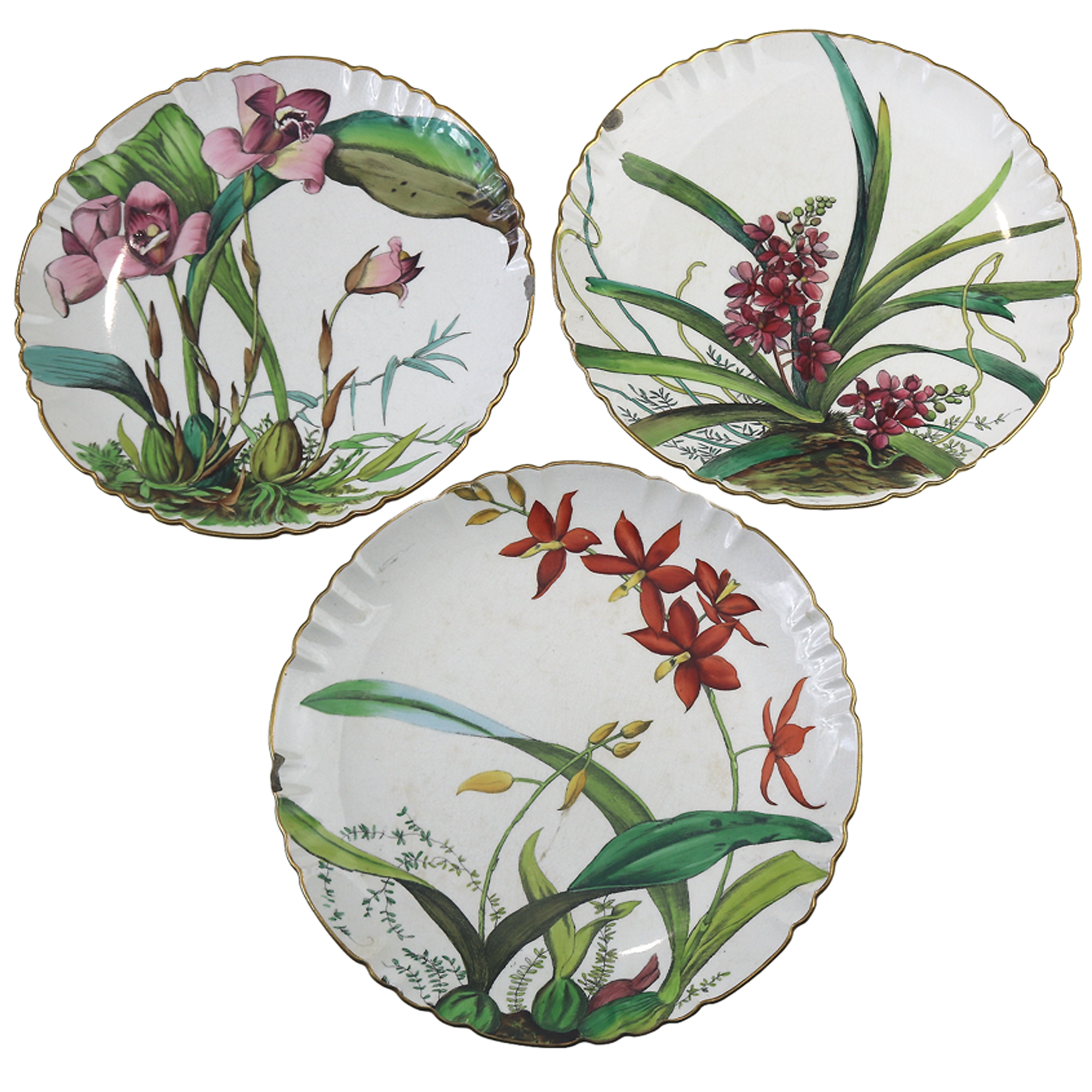 A pretty set 3X antique Victorian Minton hand-painted pottery Plates C.19thC