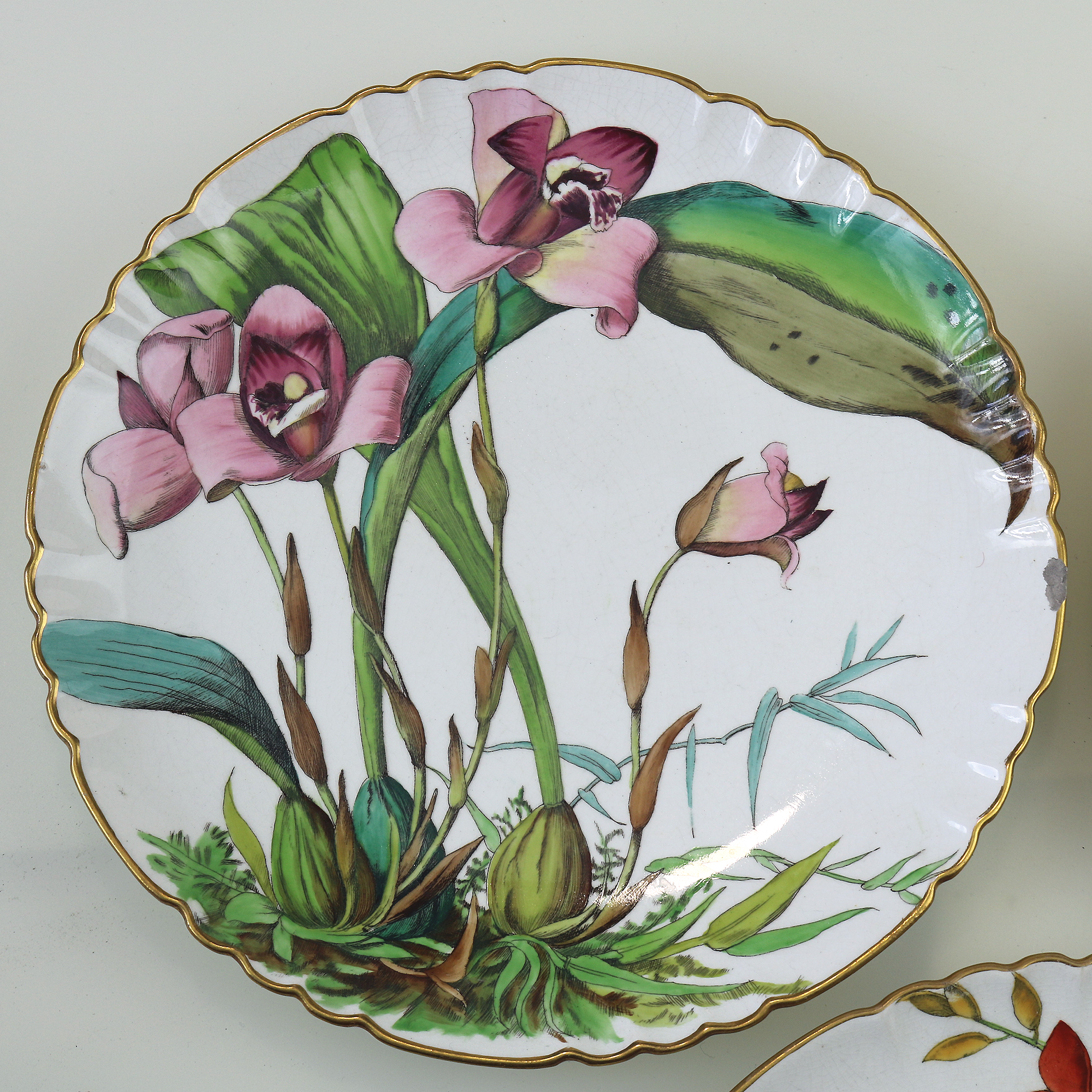 A pretty set 3X antique Victorian Minton hand-painted pottery Plates C.19thC