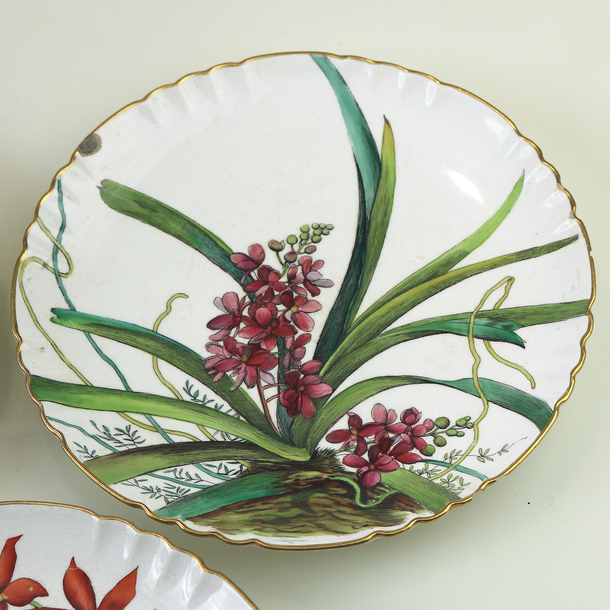 A pretty set 3X antique Victorian Minton hand-painted pottery Plates C.19thC