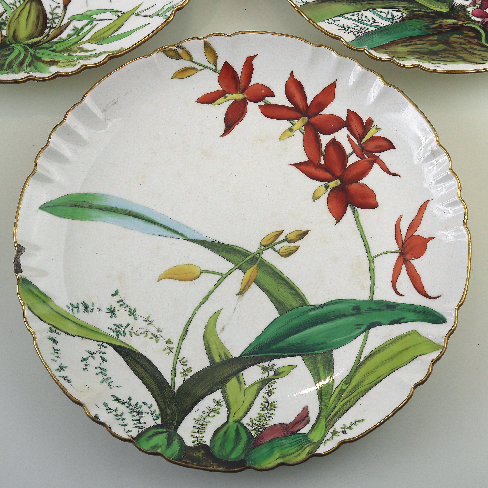 A pretty set 3X antique Victorian Minton hand-painted pottery Plates C.19thC