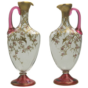 A superb pair antique cranberry glass & gilt overlaid Moser type Ewers C.19thC