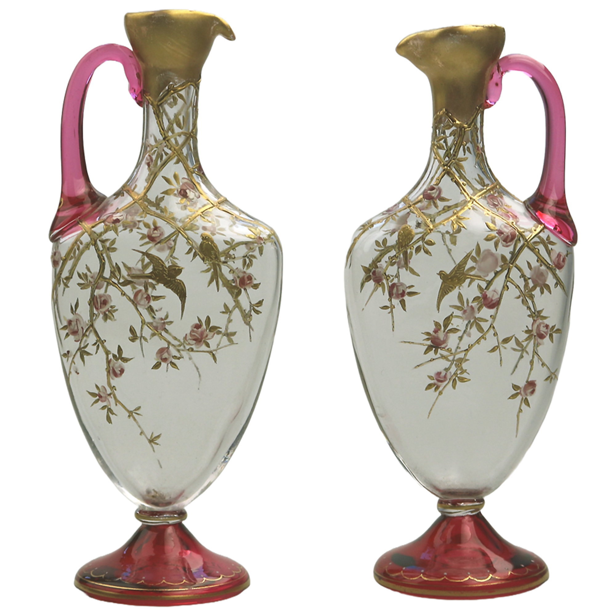 A superb pair antique cranberry glass & gilt overlaid Moser type Ewers C.19thC