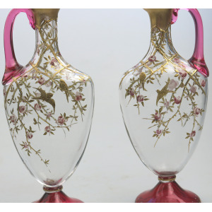 A superb pair antique cranberry glass & gilt overlaid Moser type Ewers C.19thC