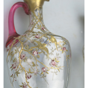 A superb pair antique cranberry glass & gilt overlaid Moser type Ewers C.19thC