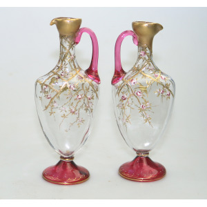 A superb pair antique cranberry glass & gilt overlaid Moser type Ewers C.19thC