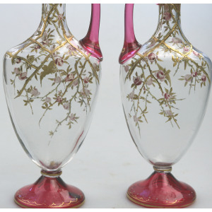 A superb pair antique cranberry glass & gilt overlaid Moser type Ewers C.19thC