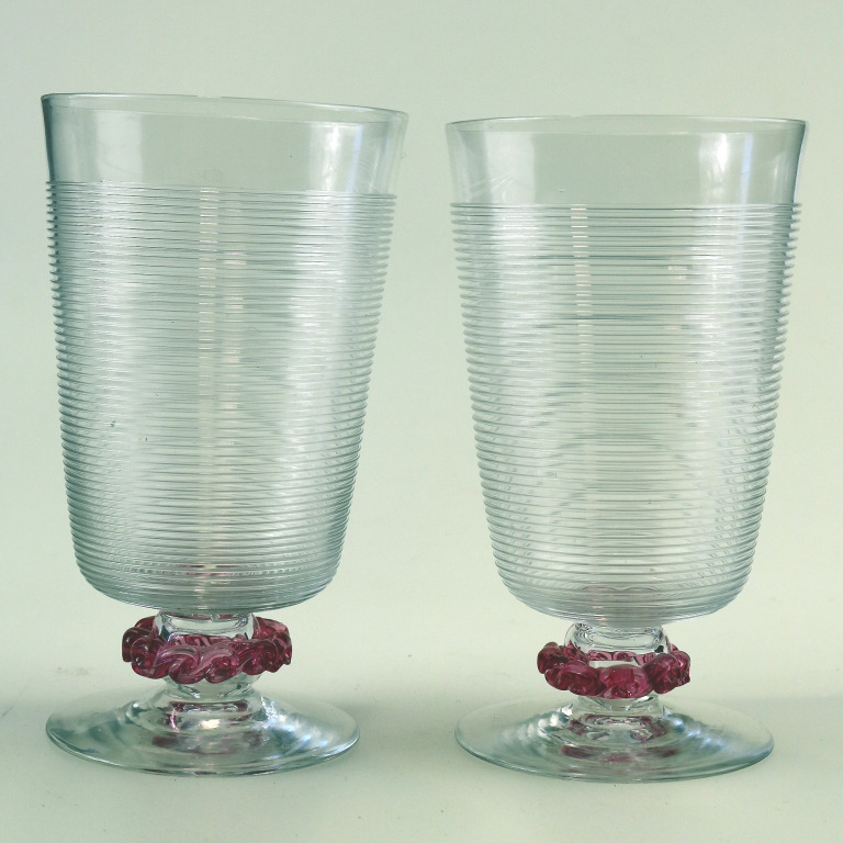 A fine pair vintage Murano art glass trailed & applied hand-made Goblets C.20thC