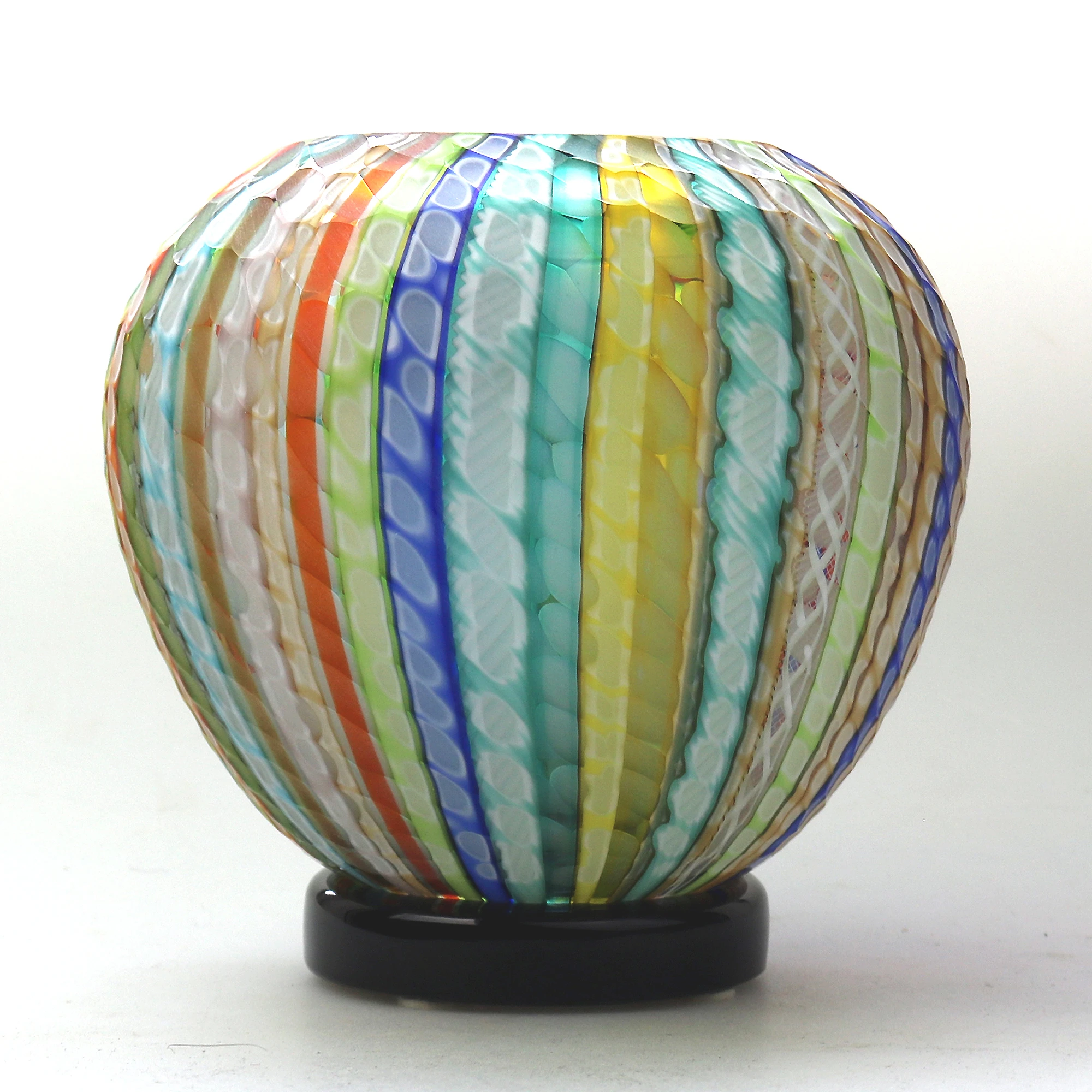 Extraordinary very fine mid-century signed Gino Cenedese Murano Vetri textured multi-coloured cane Vase 15cm C.20thC