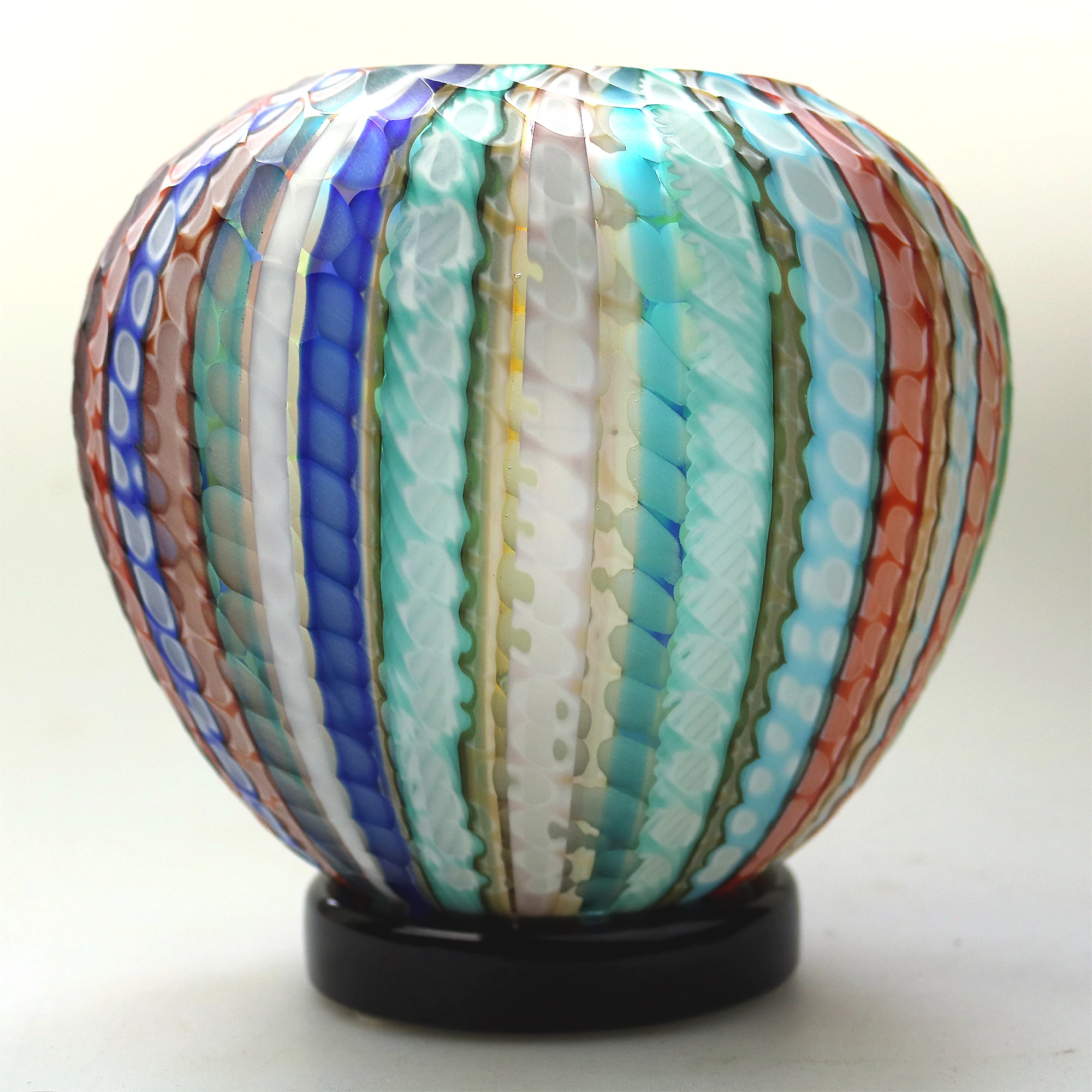 Extraordinary very fine mid-century signed Gino Cenedese Murano Vetri textured multi-coloured cane Vase 15cm C.20thC
