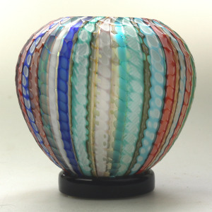 Extraordinary very fine mid-century signed Gino Cenedese Murano Vetri textured multi-coloured cane Vase 15cm C.20thC