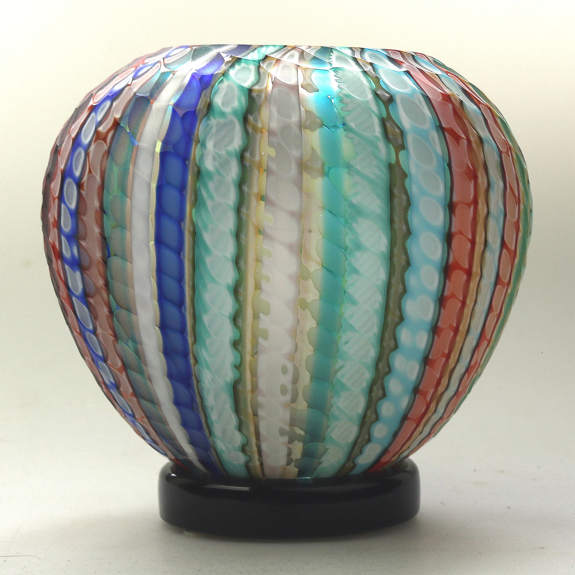 Extraordinary very fine mid-century signed Gino Cenedese Murano Vetri textured multi-coloured cane Vase 15cm C.20thC