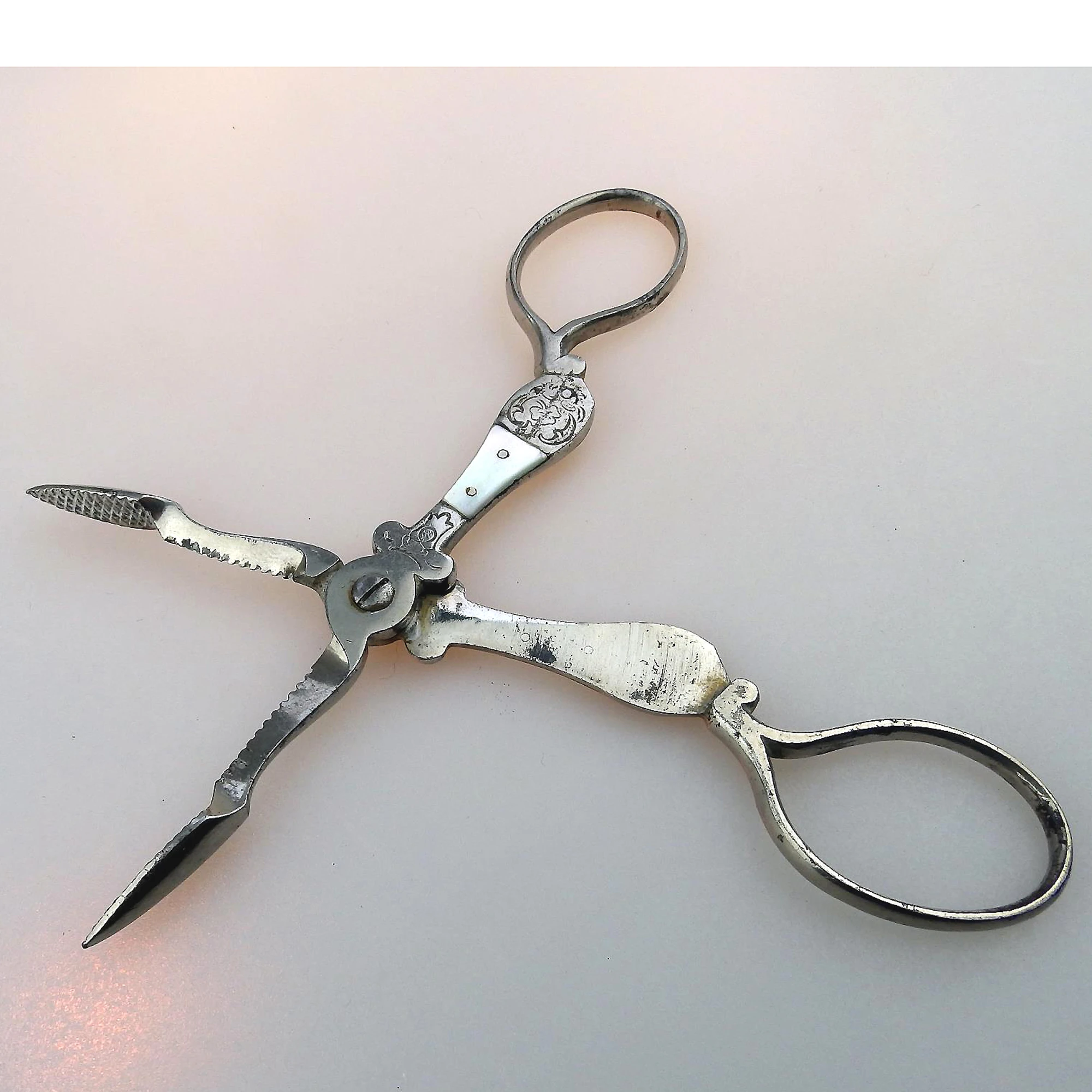 An unusual pair of antique Georgian Steel & MOP Scissor Tong Nips C.18th/19thC