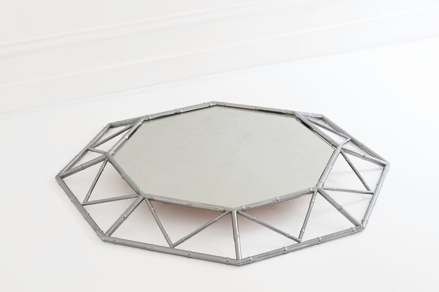 Octagonal 1980's Mirror With A Bamboo Shaped Silver Metal Frame