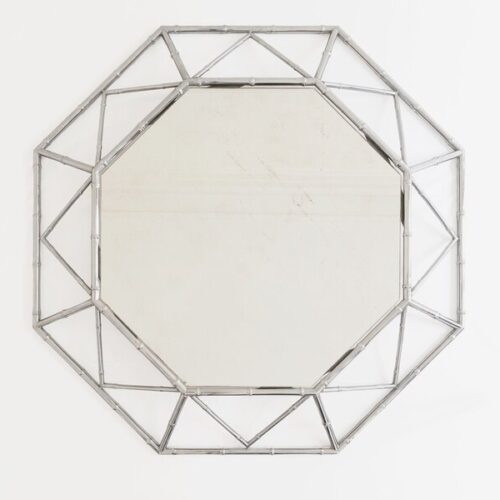 Octagonal 1980's Mirror With A Bamboo Shaped Silver Metal Frame