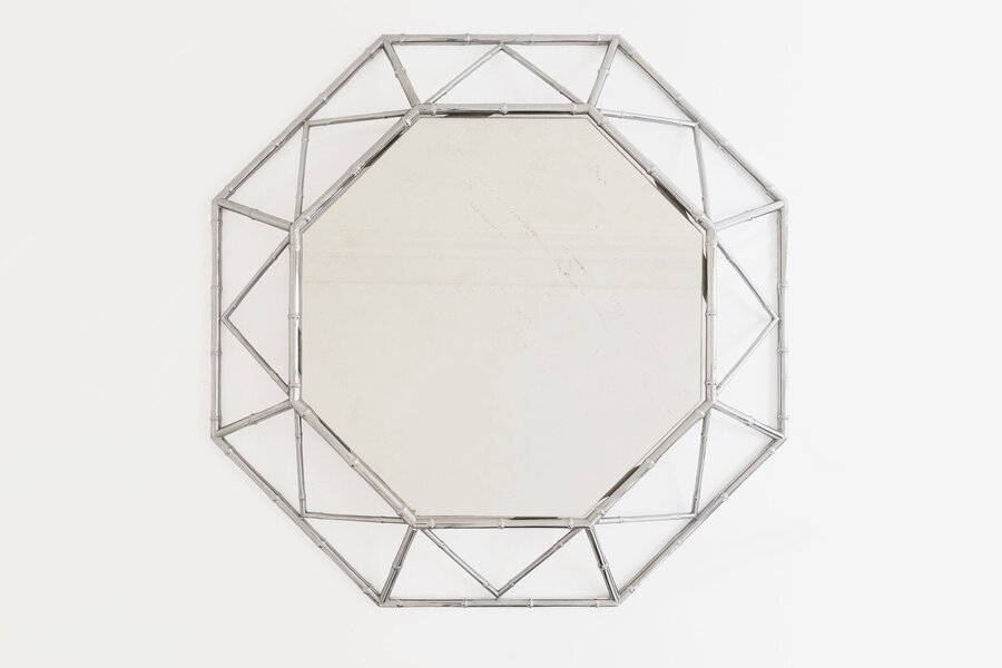 Octagonal 1980's Mirror With A Bamboo Shaped Silver Metal Frame